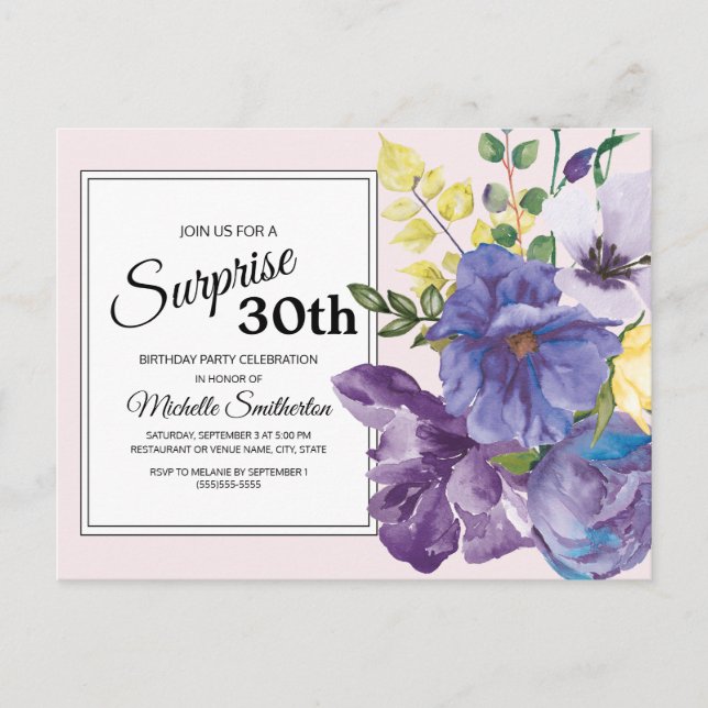 Lila Aquarellblüte am 30. Geburtstag in Pink Postkarte (Vorderseite)