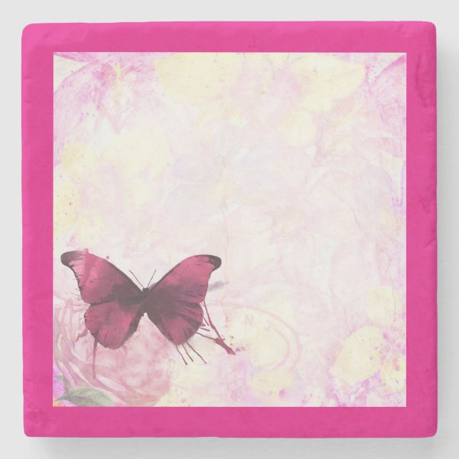 Lila Aquarellbutterfly auf Rosa und Gelb Steinuntersetzer (Vorderseite)
