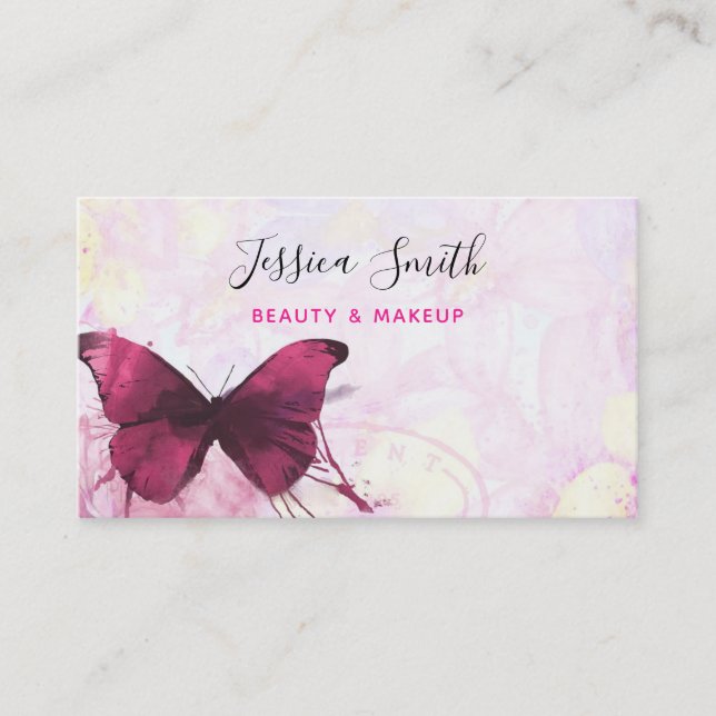 Lila Aquarellbutterfly auf Rosa und Gelb Visitenkarte (Vorderseite)