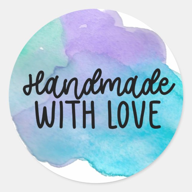 Lila Aquarellfarbe blau, handgefertigt mit Liebe-A Runder Aufkleber (Vorderseite)