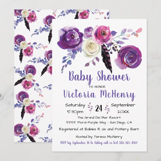 Lila Aquarellfarbe Floral Boho BabyShower Einladung (Vorne/Hinten)