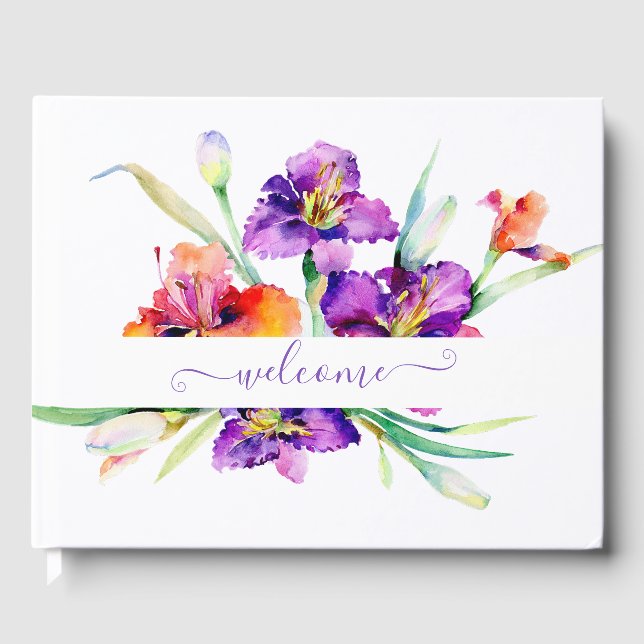 Lila Aquarellfarbe Iris personalisiert Gästebuch (Vorderseite)