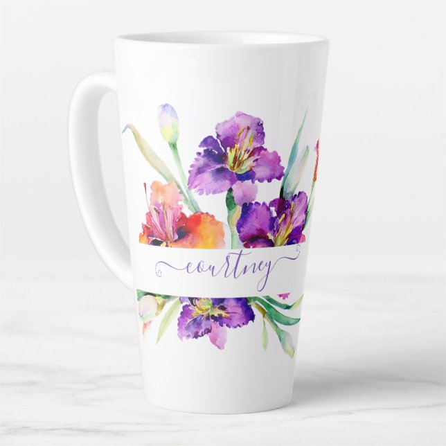 Lila Aquarellfarbe Iris personalisiert Milchtasse (Linke Ecke)