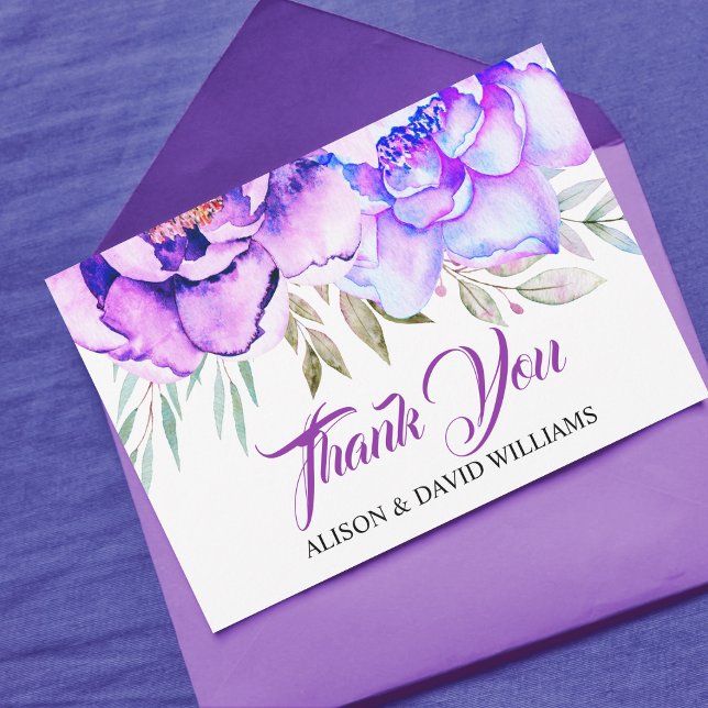 Lila Aquarellfarben Blume Blauer Akzent Hochzeit Dankeskarte (Von Creator hochgeladen)