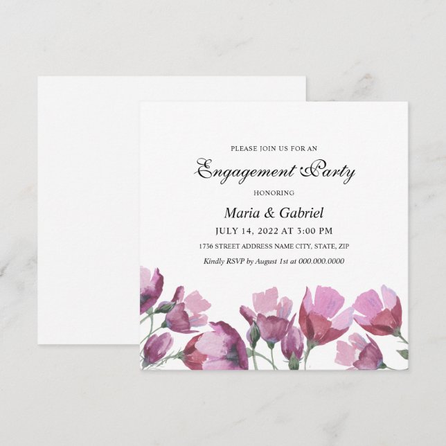 Lila Aquarellfarben-Blume. Flora-Engagement-Partei Einladung (Vorne/Hinten)