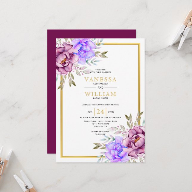 Lila Aquarellfarben-Blume Goldrahmen-Hochzeit Einladung (Vorderseite/Rückseite Beispiel)