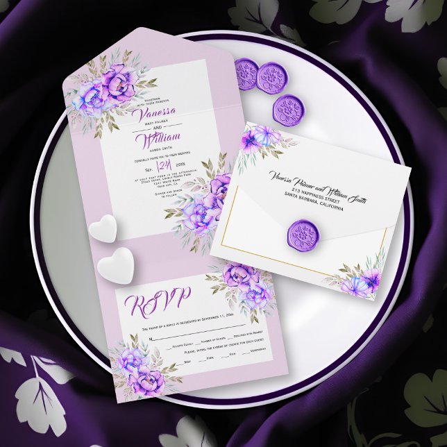 Lila Aquarellfarben-Blume-Hochzeit All In One Einladung (Von Creator hochgeladen)