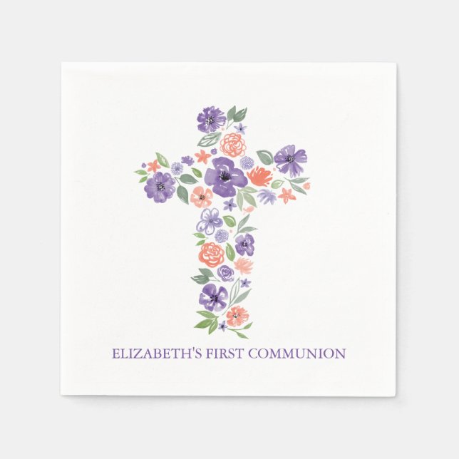 Lila Aquarellfarben-Blume kreuzen Erste Kommune Serviette (Vorderseite)