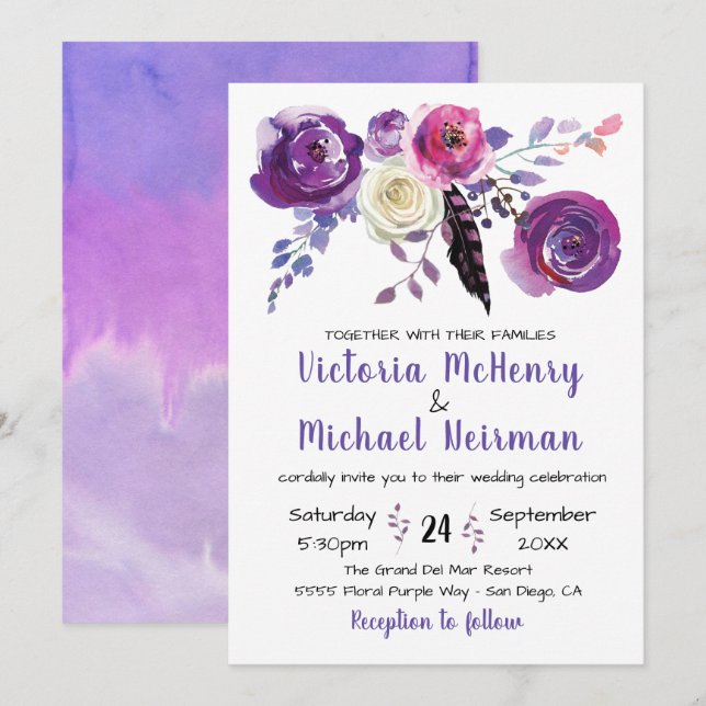 Lila Aquarellfarben Floral Boho Einladungen zur Ho (Vorne/Hinten)