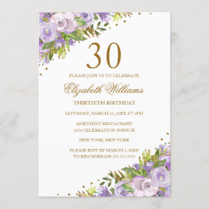 Lila Aquarellfarben Gold 30. Geburtstag Einladung