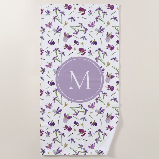 Lila Aquarellfarben Iris Blume Muster Monogramm Strandtuch (Vorderseite)