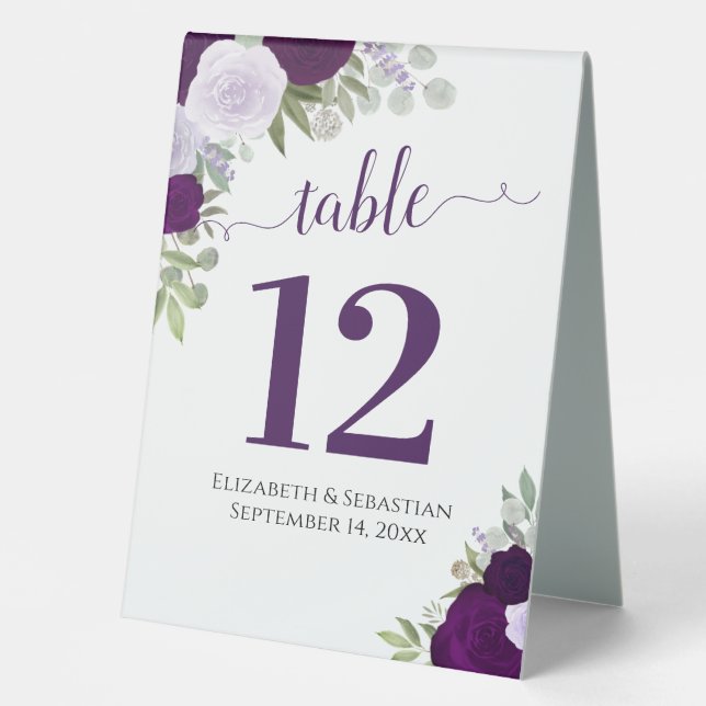 Lila Aquarellfarben-Rose Hochzeit Tischnummer Tischaufsteller (Vorderseite)