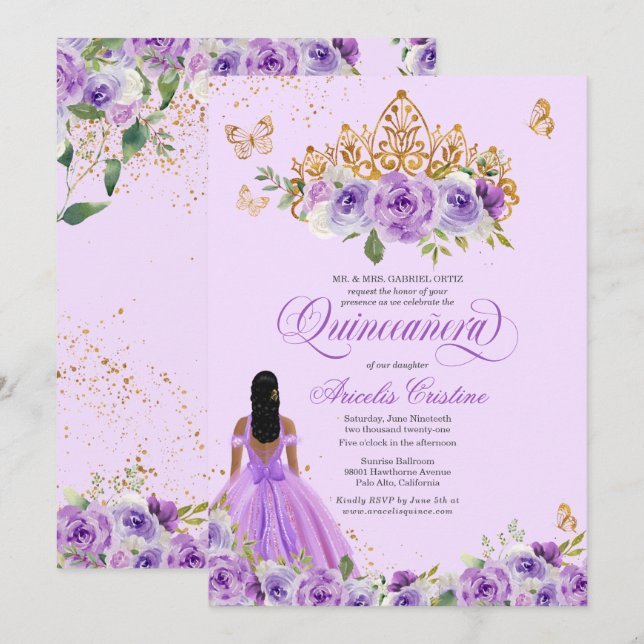 Lila Aquarellfarben Rose Schmetterlinge Quinceañer Einladung (Vorne/Hinten)