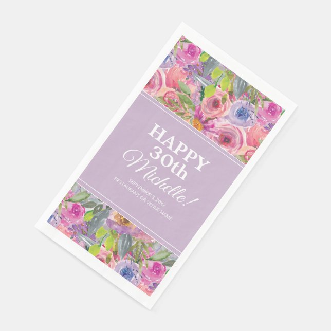 Lila Aquarellfarben Wildblumen 30. Geburtstag Serviette (Ecke)
