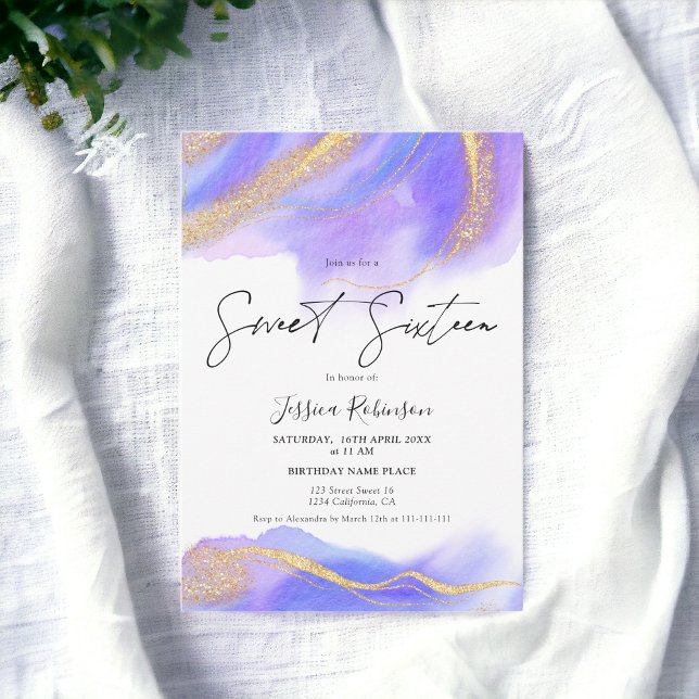 Lila Aquarellgold Glitzer Foto Sweet 16 Einladung (Purple watercolor gold glitter photo Sweet 16 Invitation)