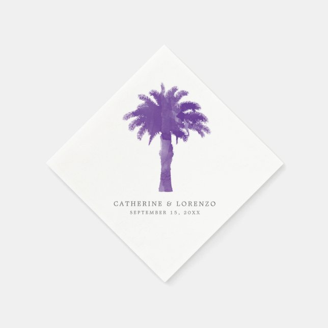 Lila Aquarellpalme Tree Wasserfarbener Empfang Serviette (Ecke)