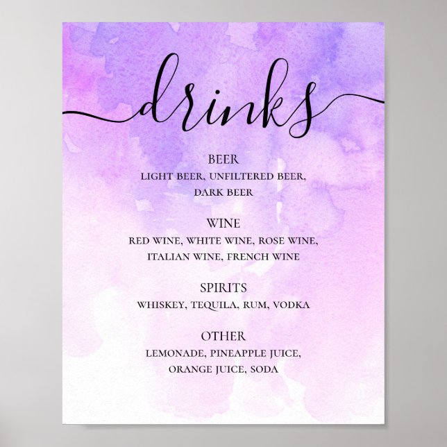 Lila Aquarellschrift Hochzeitsgetränke Bar Poster (Vorne)