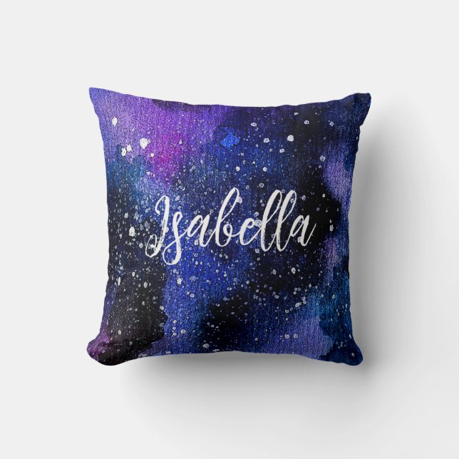 Lila Aquarelluniversum Kissen (Vorderseite)