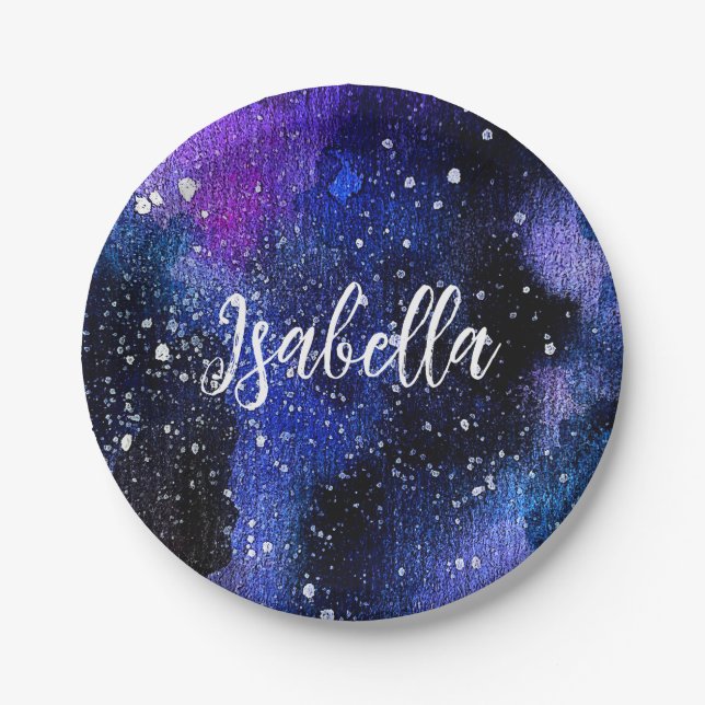 Lila Aquarelluniversum Pappteller (Vorderseite)