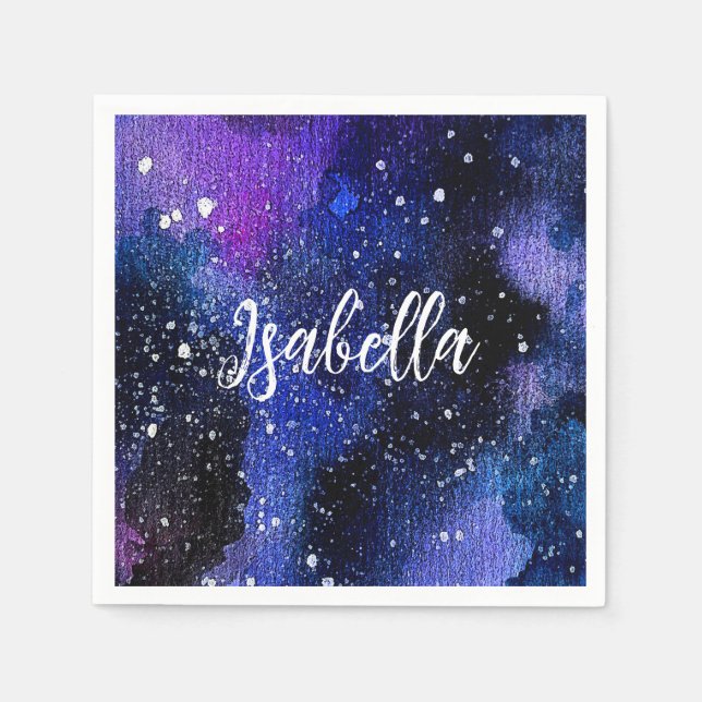 Lila Aquarelluniversum Serviette (Vorderseite)