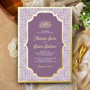 Lila Arabesken-Muster Muslimische Hochzeit Gold Folieneinladung