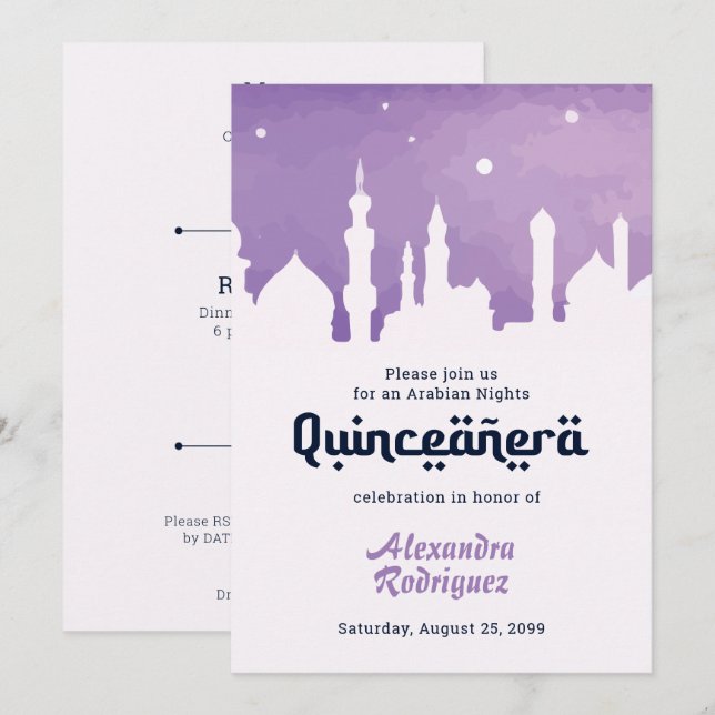 Lila arabische Nächte Wasserfarbe Quinceñera Einladung (Vorne/Hinten)
