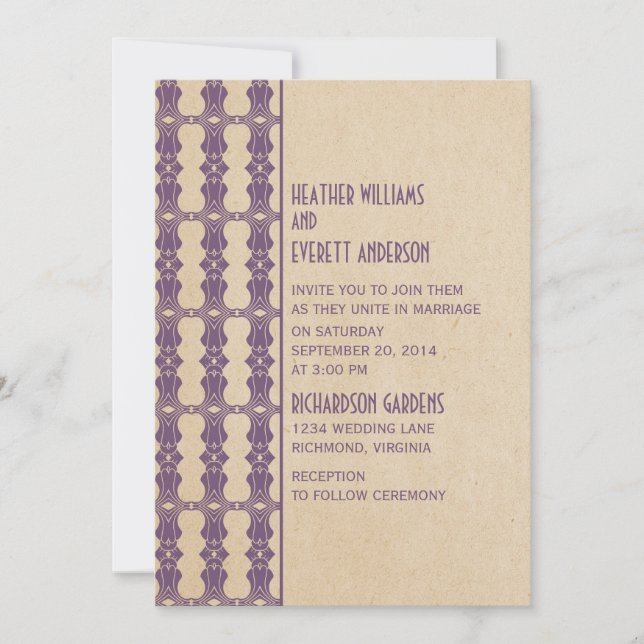 Lila Art Deco Border Wedding Einladung (Vorderseite)