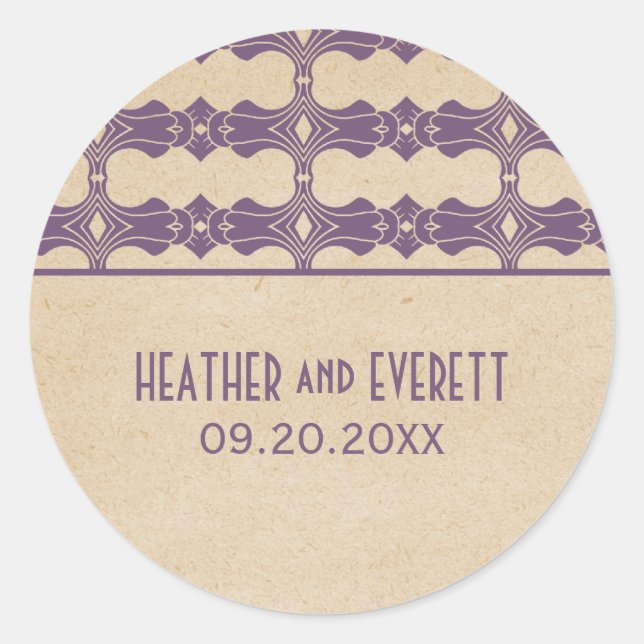 Lila Art Deco Border Wedding Stickers (Vorderseite)