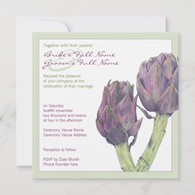Lila Artichokes grüne Hochzeitseinladung Einladung (Vorderseite)