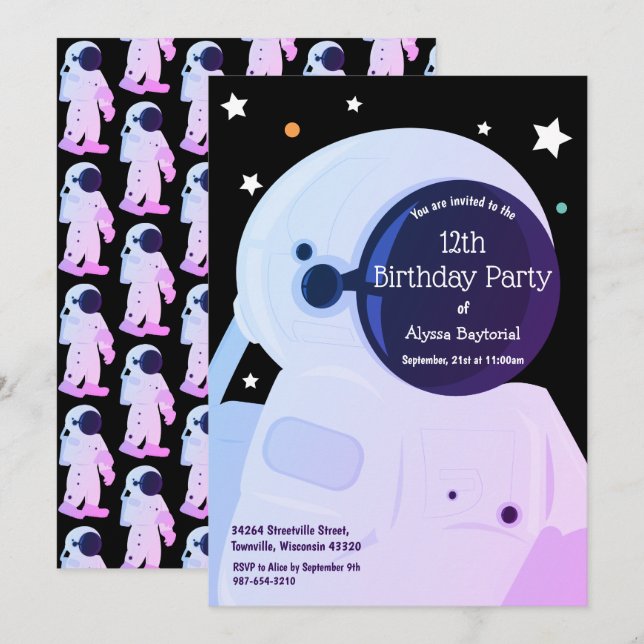 Lila Astronaut zum Geburtstag Einladung (Vorne/Hinten)