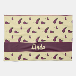 Lila Auberginen auf gelb Geschirrtuch