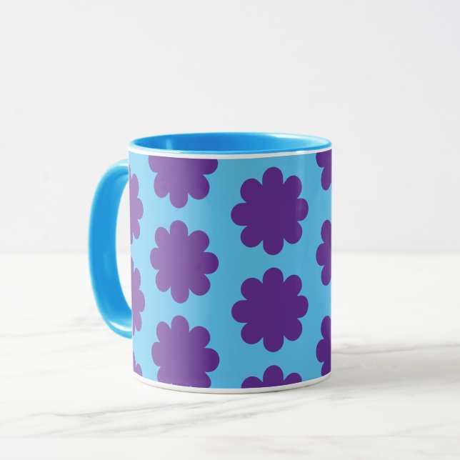 Lila auf Aqua Blue Retro Blume Tasse Cup (Vorderseite Links)