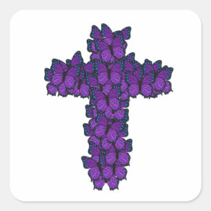 Lila Aufkleber mit Butterfly Cross Square