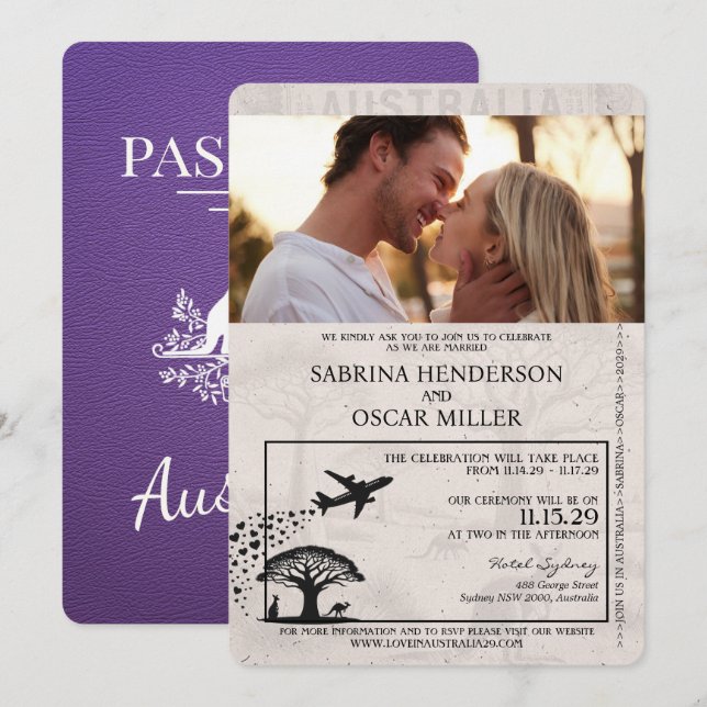 Lila Australienpass Hochzeit Einladung (Vorne/Hinten)