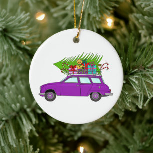 Lila Auto mit Weihnachtsgeschenken Keramik Ornamen Ornament