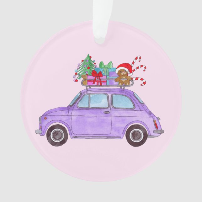 Lila Auto mit Weihnachtsgeschenken Ornament (Vorderseite)