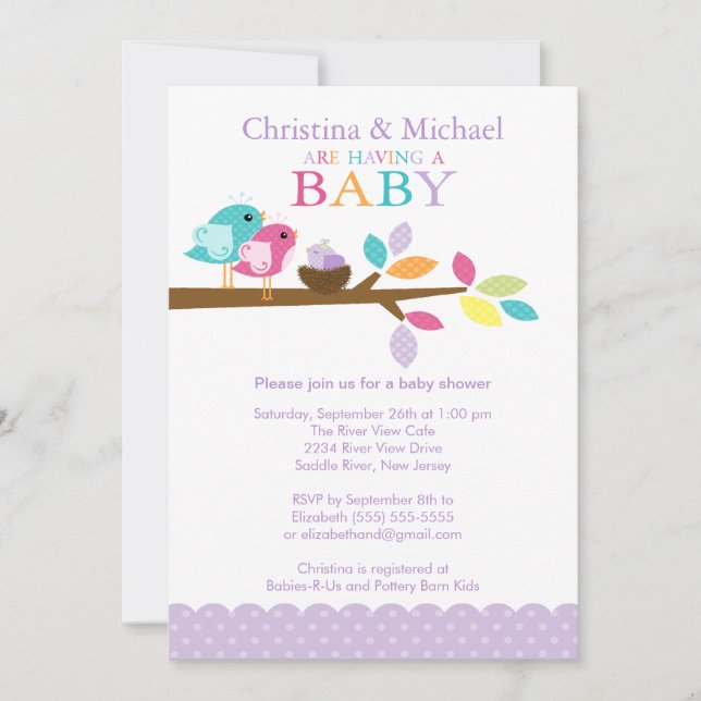 Lila Baby Bird Nest Baby Shower Einladungen (Vorderseite)