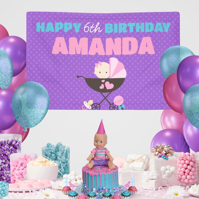 Lila Baby Doll Happy Birthday Banner (Purple Baby Doll Birthday Personalized Hanging Vinyl Birthday Banner. Indoor or outdoor available)