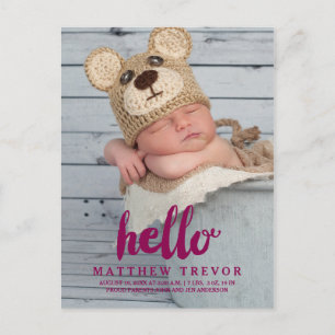 Lila Baby-Geburtsanzeige-Postkarte Hallo Ankündigungspostkarte