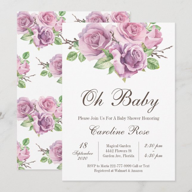Lila Baby Girl Dusche Einladungen, Lila Blume Einladung (Vorne/Hinten)