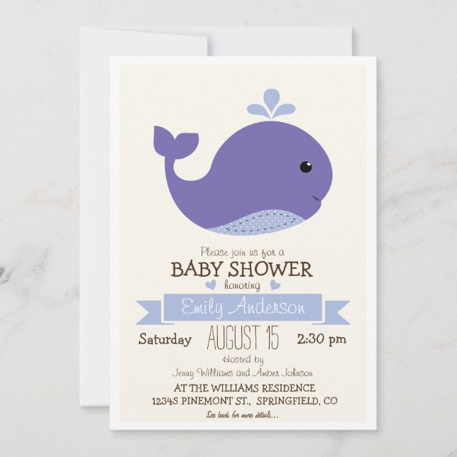 Lila Baby Whale Baby Dusche Einladung (Vorderseite)
