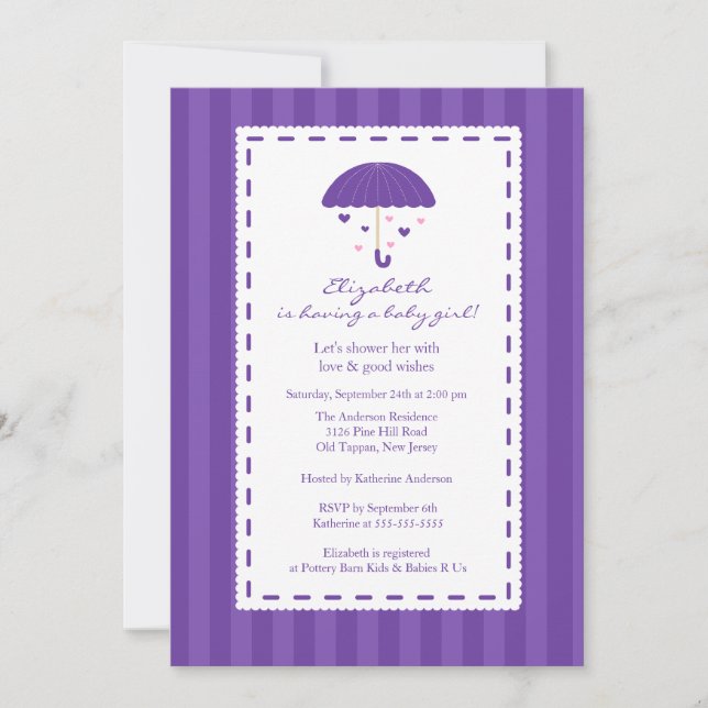 Lila Babydusche Einladung (Vorderseite)