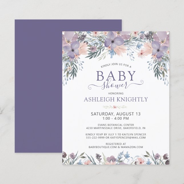 Lila Babydusche Wildblume laden Sie ein (Vorne/Hinten)