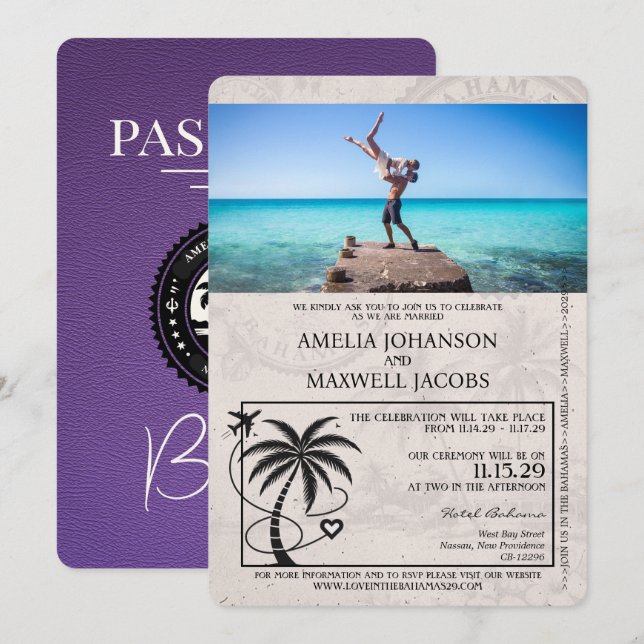 Lila Bahamas-Passport-Einladung Einladung (Vorne/Hinten)