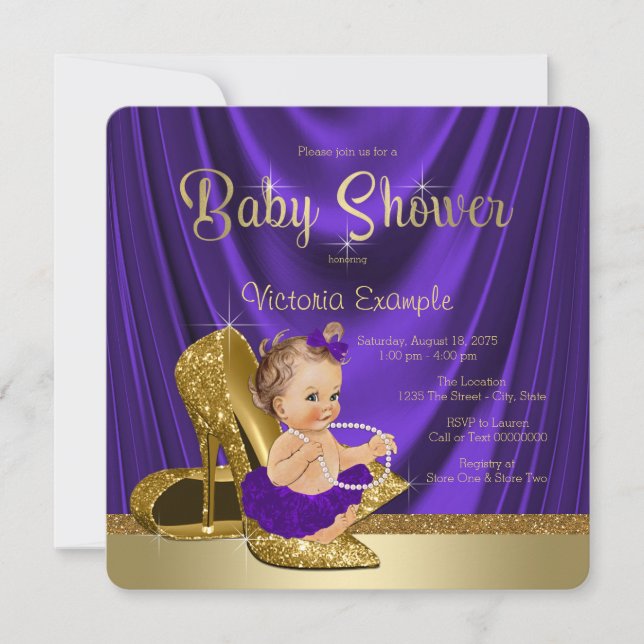 Lila Ballerina Pearls Gold Showdusche Einladung (Vorderseite)