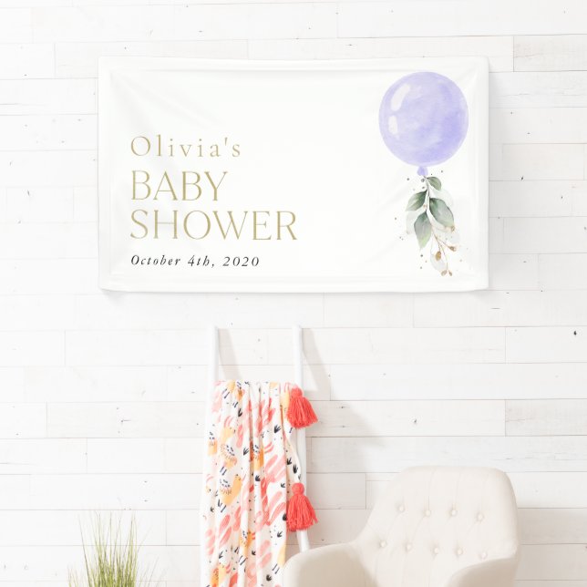 Lila Ballon, Eukalyptus, Babydusche Willkommen Banner (Insitu)