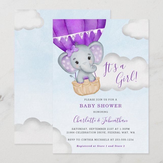 Lila Balloon Girl Elephant Babydusche Einladung (Vorne/Hinten)
