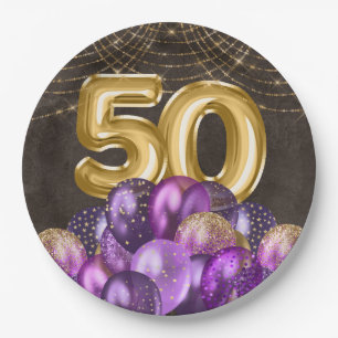 Lila Balloons aus Gold Foil fifizieren 50. Geburts Pappteller