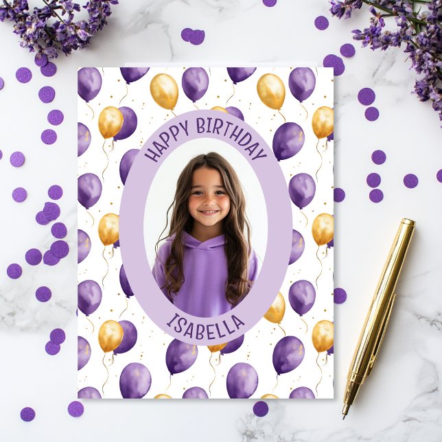 Lila Balloons Foto Karte (Purple faux gold balloons birthday photo card)
