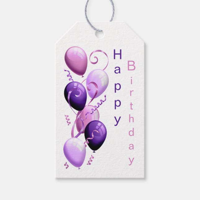 Lila Balloons, glücklich zum Geburtstag Geschenkanhänger (Vorderseite)